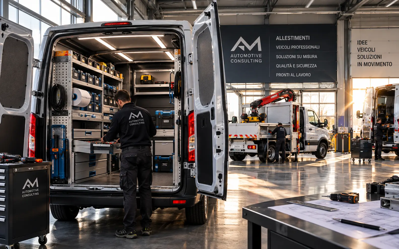 Allestimento tecnico di un veicolo commerciale in officina